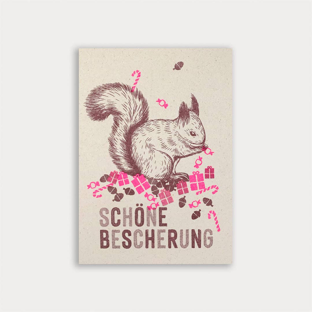 Postkarte / Weihnachten / Eichhörnchen / Schöne Bescherung