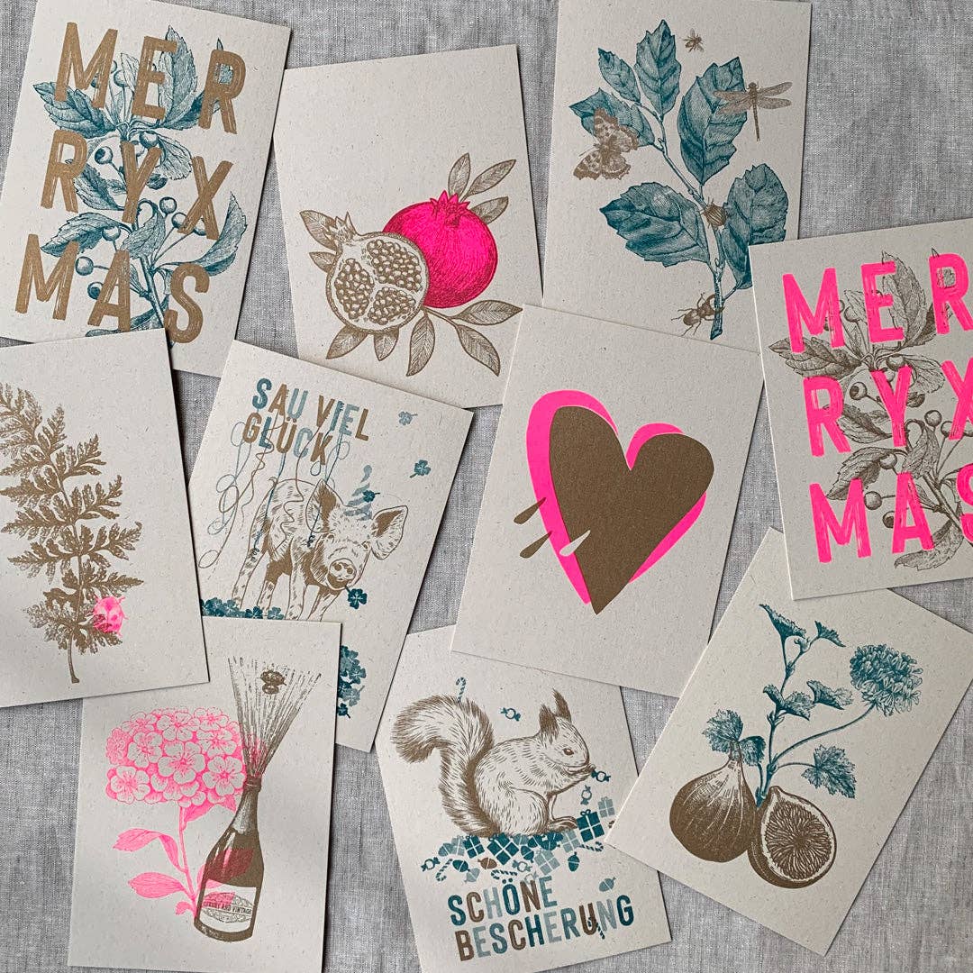 Postkarte / Typo / Merry Xmas / Pink & Teal