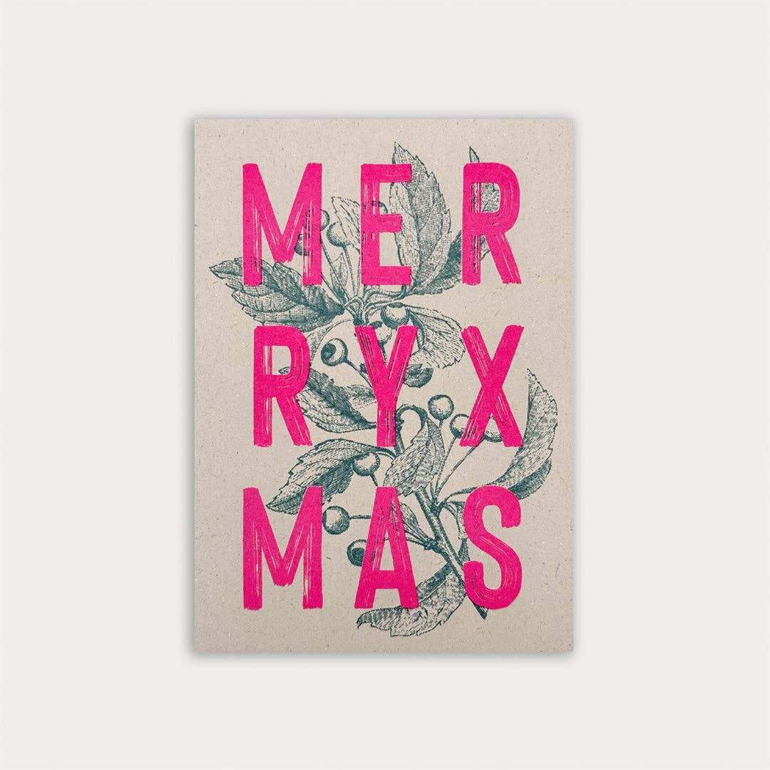 Postkarte / Typo / Merry Xmas / Pink & Teal